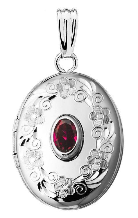 Sterling Silver Floral Border with Birthstone Oval Photo Locket