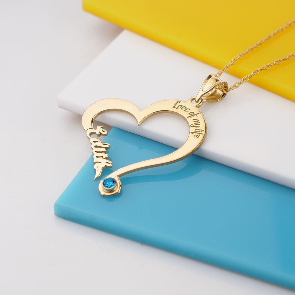 Personalized Heart Shaped Name Necklace with Birthstone and Chain Included