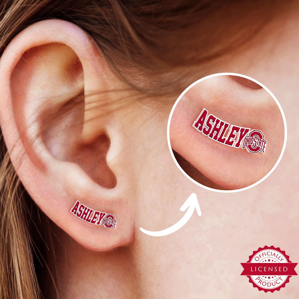 Personalized Pair Of Color Enamel Ohio State Logo with Horizontal Name Earrings
