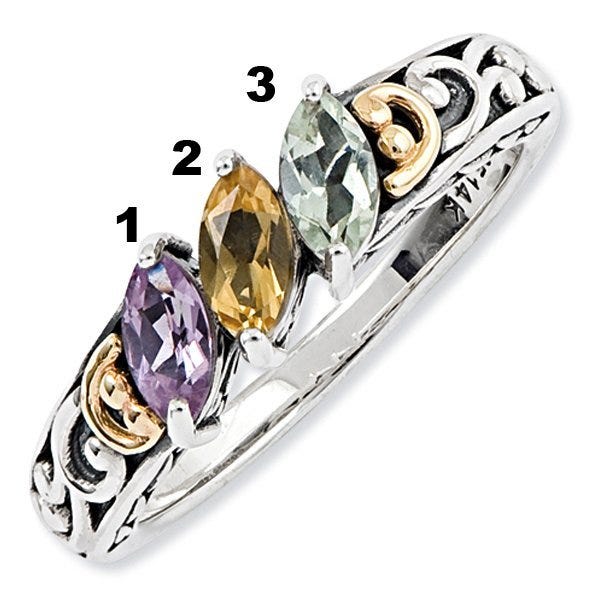 Sterling Silver & 14k Three-stone  Antiqued Mother's Ring