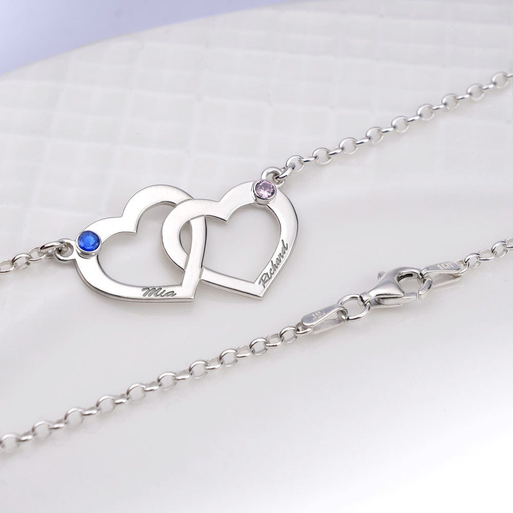 Interlocking Heart Necklace with Two Birthstones & Two Names