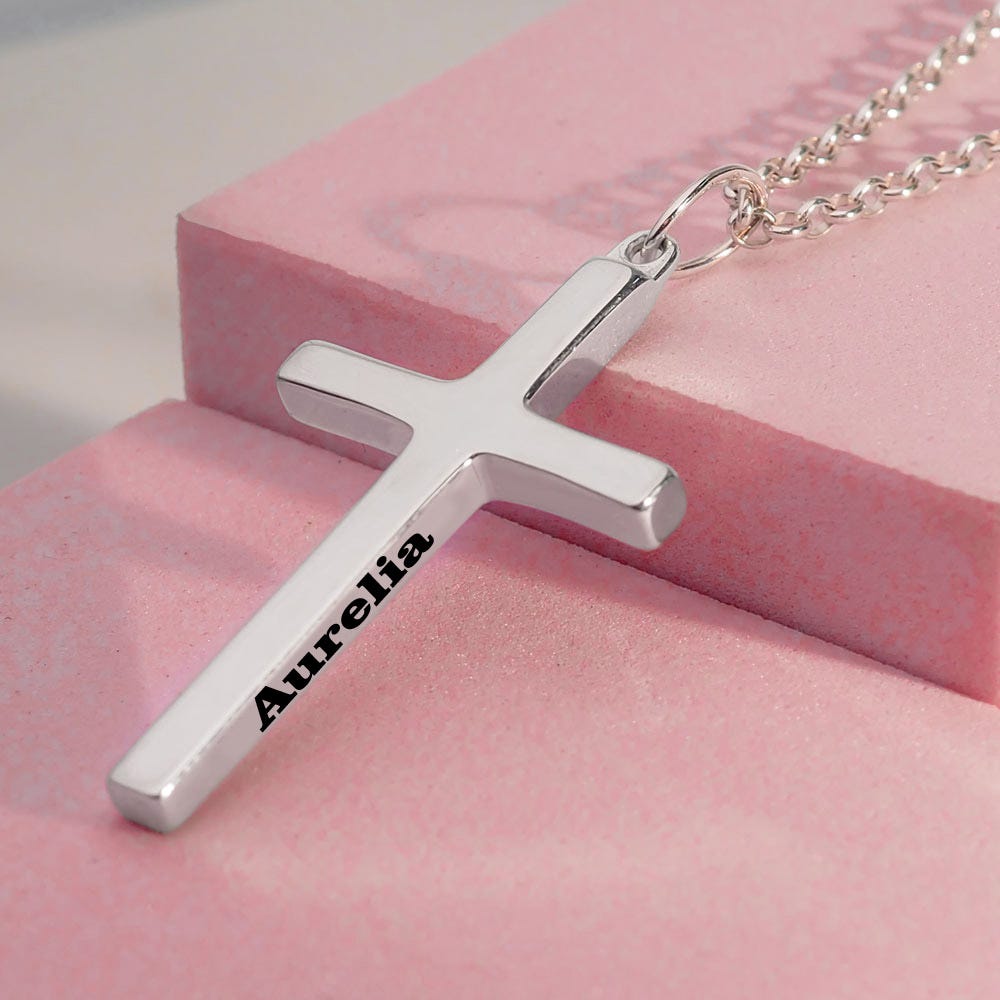 Unisex Personalized Cross Necklace Engraved Pendant w/ 18 Inch Chain
