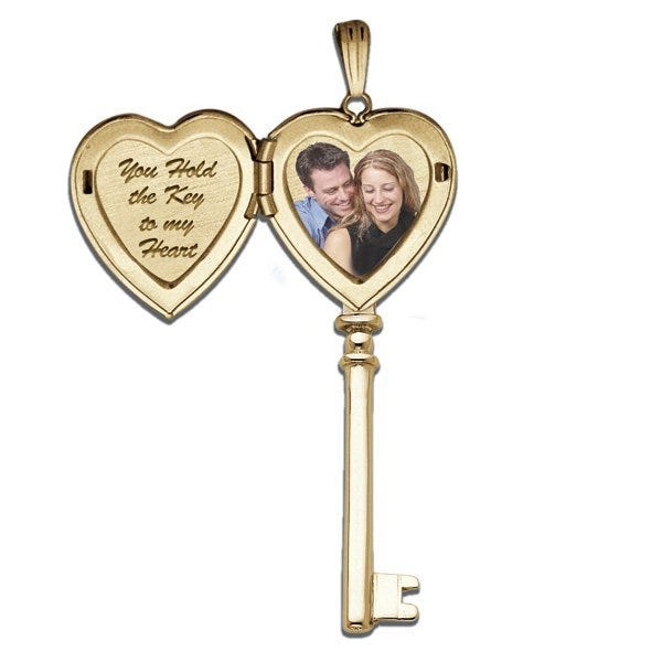 Solid 14K Yellow Gold Key Heart Photo Locket