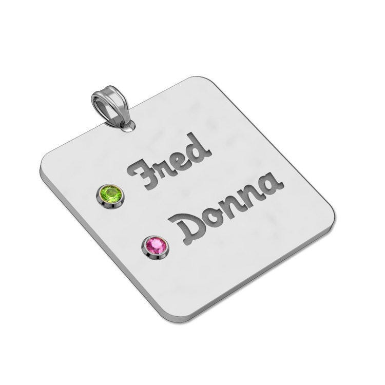 Personalized Couples Square Pendant With Two Birthstones & Names