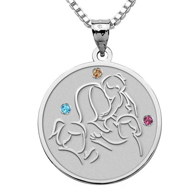 Mother with Three Daughters - Round Pendant with Birthstones