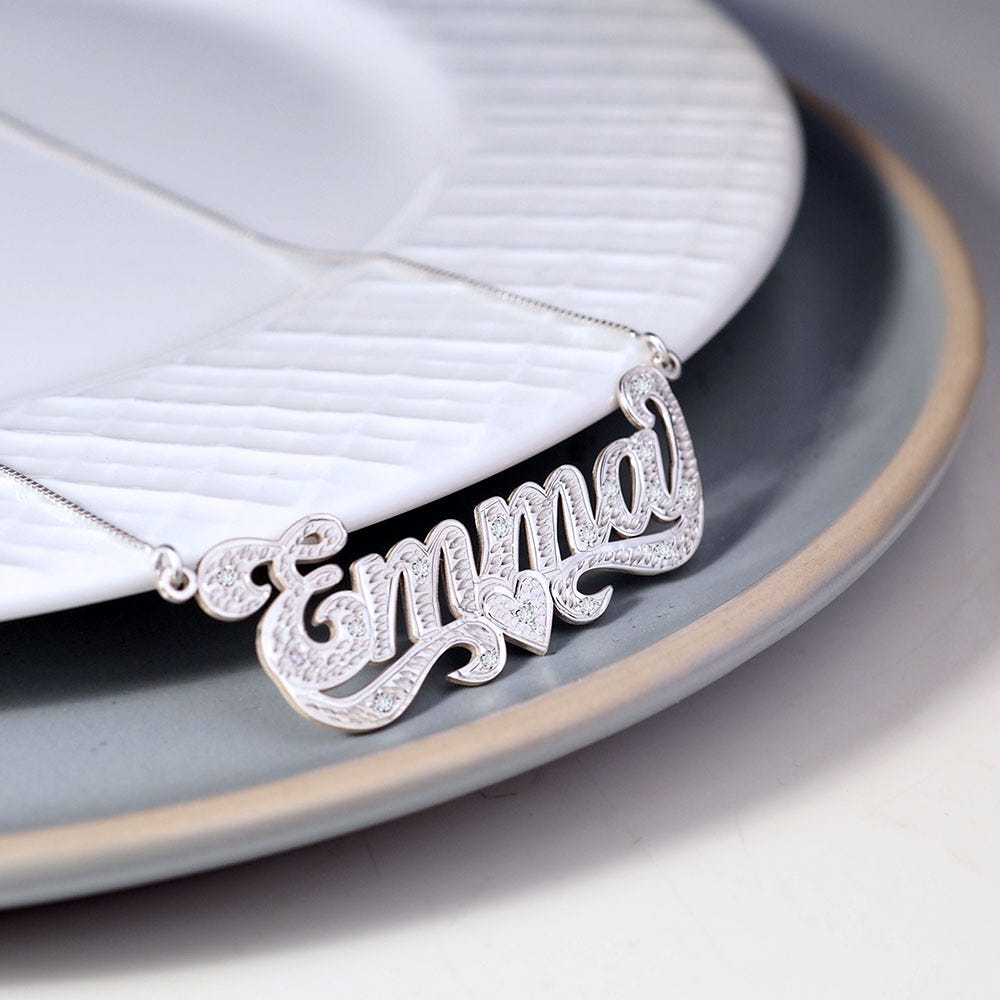 Diamond Cut Script Name Necklace with Cubic Zirconia - Chain Included