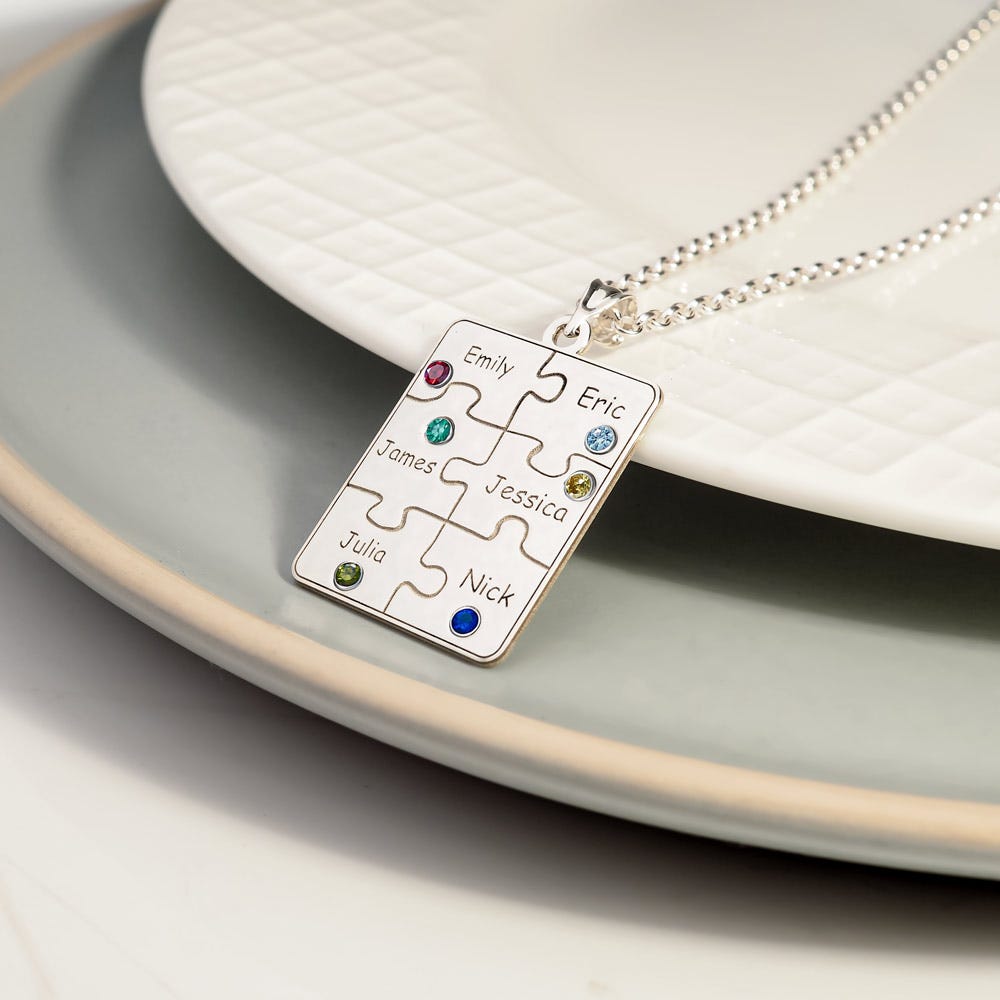 Personalized Family Six Piece Jigsaw Puzzle Pendant- Includes 18 Inch Chain