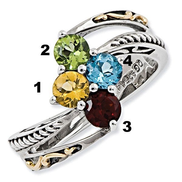 Sterling Silver & 14k Four-stone  Antiqued Mother's Ring