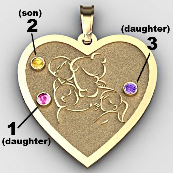 Mother with Son and 2 Daughters Heart Pendant with Birthstones