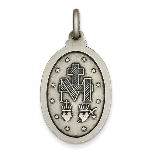 Sterling Silver Antiqued Miraculous Medal Pendant Charm