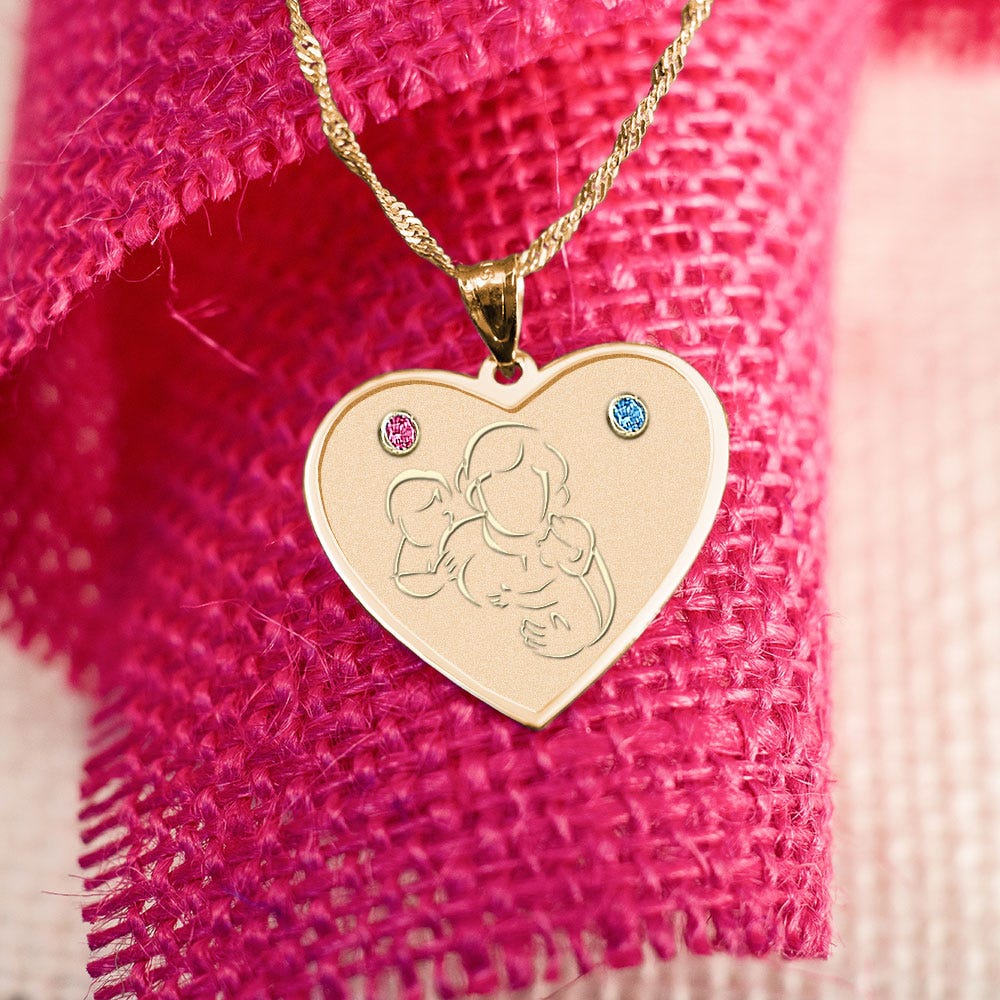 Mother with Son and Daughter Heart Pendant w/ Birthstones