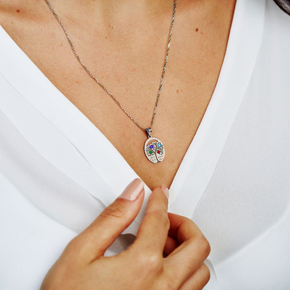 Personalized Family Tree Pendant with 4 Names and Birthstones- Includes 18 Inch Chain