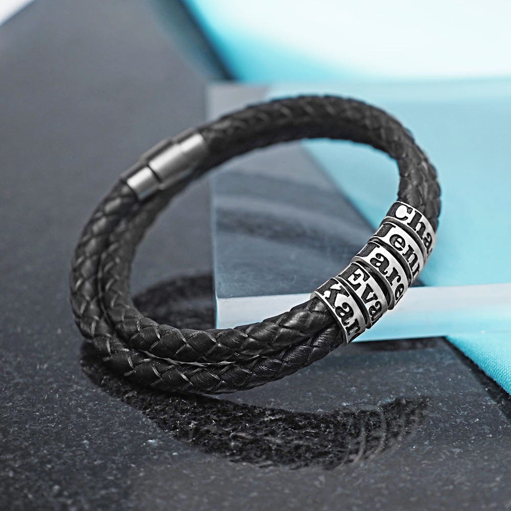 Black Leather Bracelet with Personalized Beads