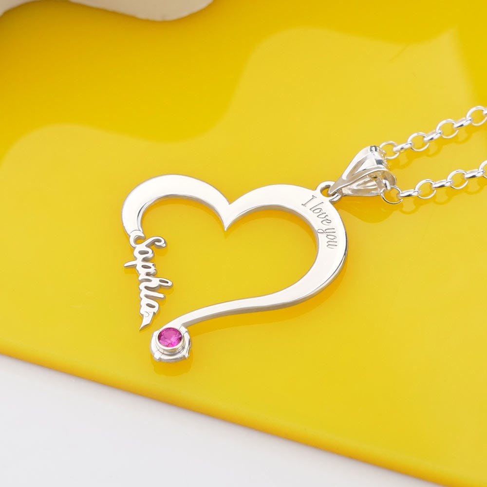 Personalized Heart Shaped Name Necklace with Birthstone and Chain Included