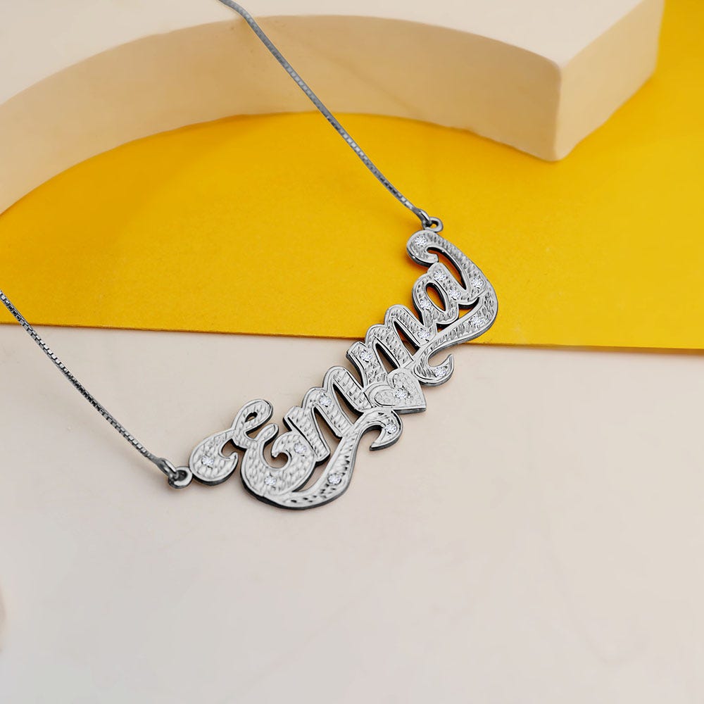 Diamond Cut Script Name Necklace with Cubic Zirconia - Chain Included