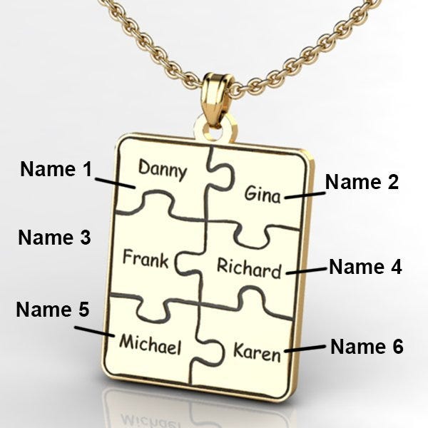 Personalized Family Six Piece Jigsaw Puzzle Pendant- Includes 18 Inch Chain