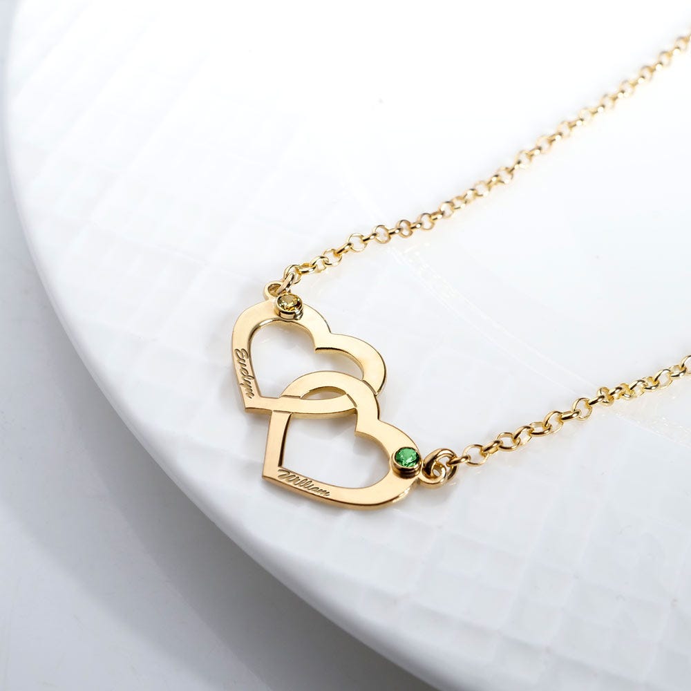 Interlocking Heart Necklace with Two Birthstones & Two Names