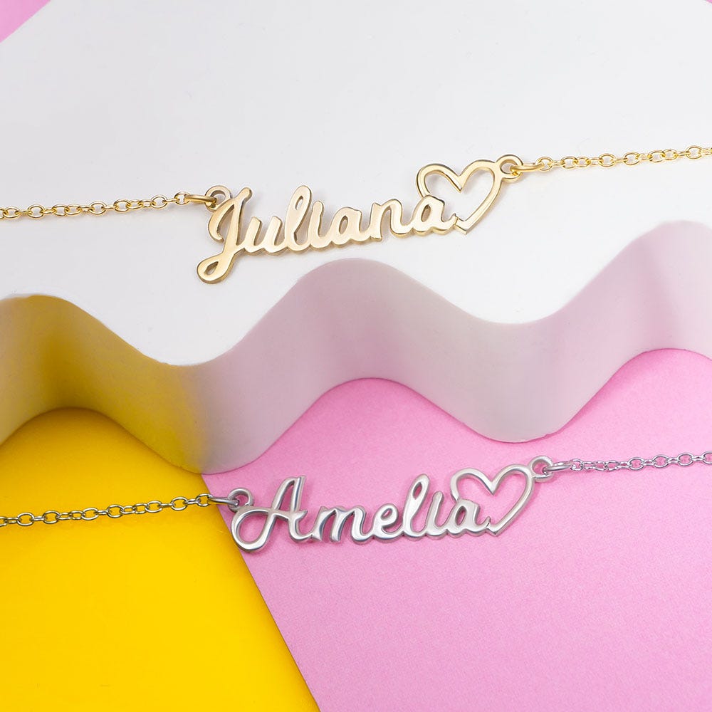 Personalized Script Name Necklace with Open Heart - Chain Included