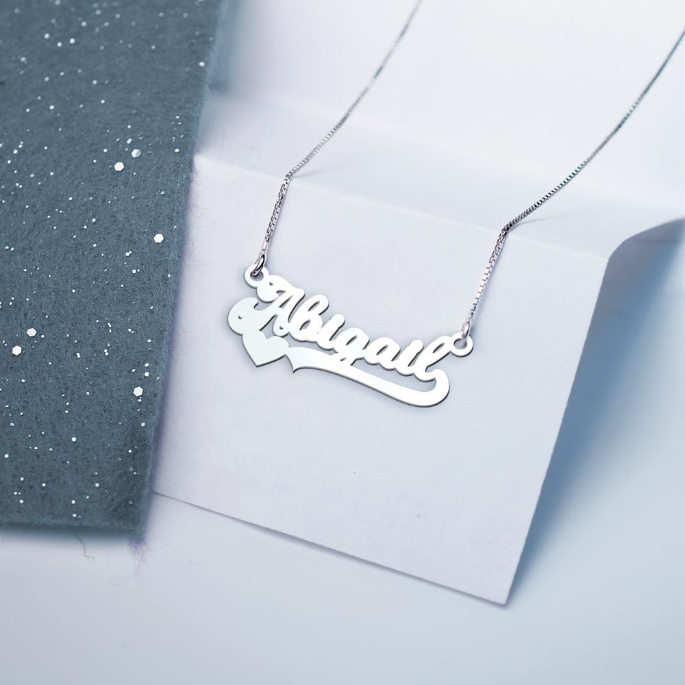 Modern Script Heart Name Necklace with 3 Cubic Zirconia Chain Included