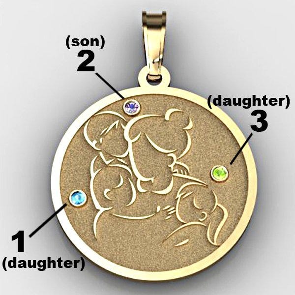 Mother with Son and 2 Daughters Round Pendant w/  Birthstones