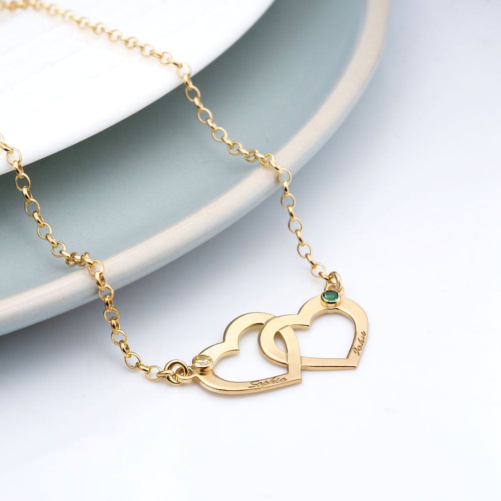 Interlocking Heart Necklace with Two Birthstones & Two Names