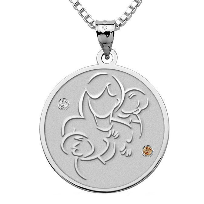 Mother with Two Sons - Round Pendant with Birthstones