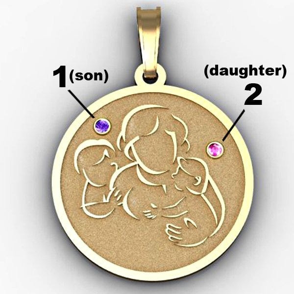 Mother with Son and Daughter - Round Pendant w/ Birthstones