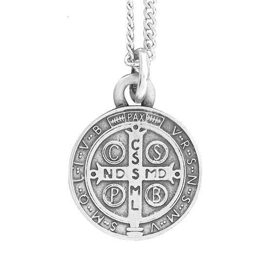Pewter Saint Benedict Black Enameled Medal w/ Continuous Curb Chain