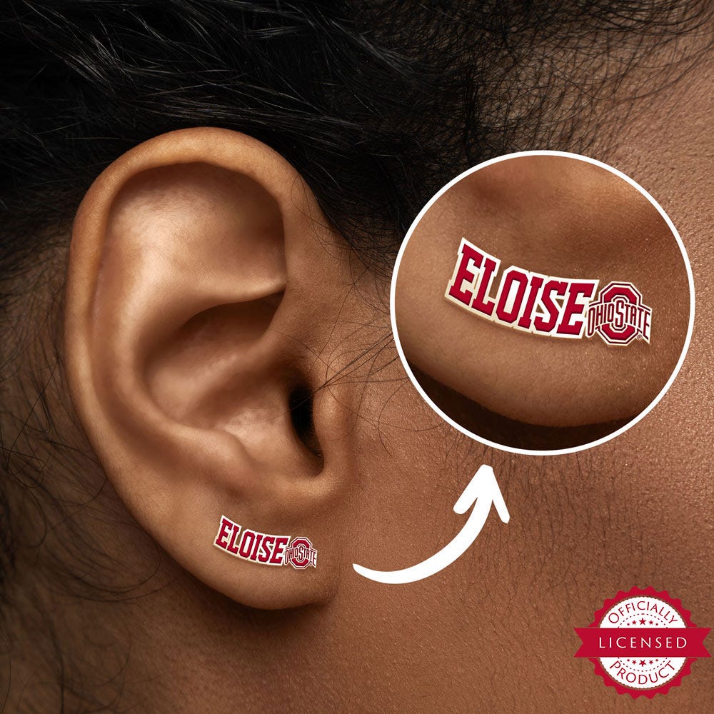 Personalized Pair Of Color Enamel Ohio State Logo with Horizontal Name Earrings
