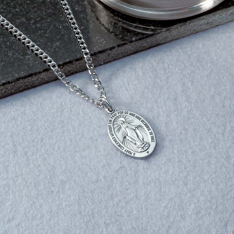 Sterling Silver Antiqued Miraculous Medal Pendant Charm
