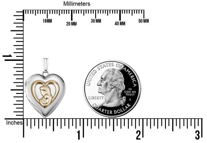 Sterling Silver Two Tone Mother and Child Heart Photo Locket - 3/4 inch x 3/4 inch