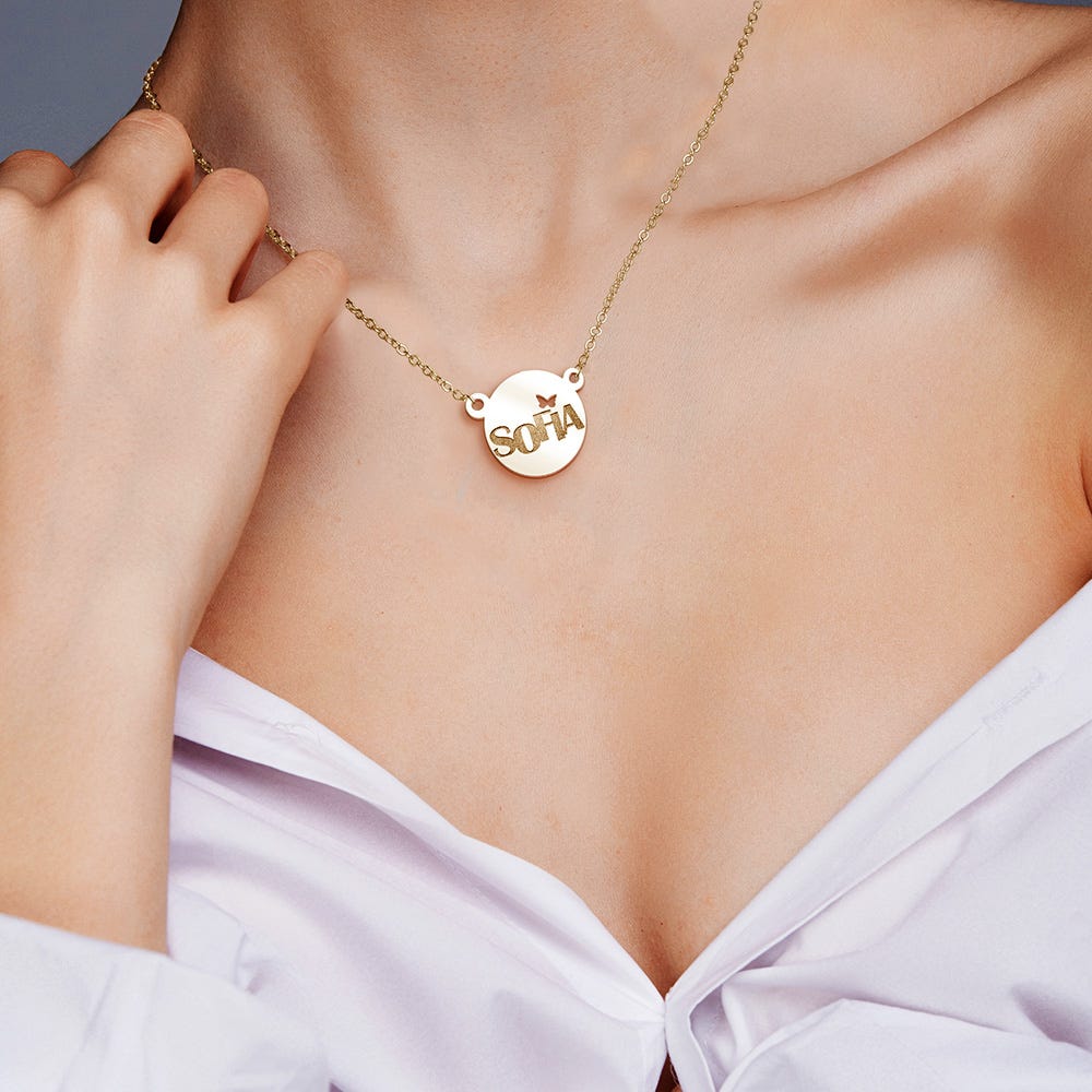 Modern Dianty Round Name Pendant w/ Butterfly Cut-Out