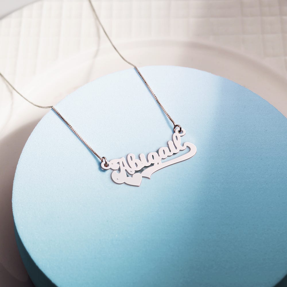 Modern Script Heart Name Necklace with 3 Cubic Zirconia Chain Included