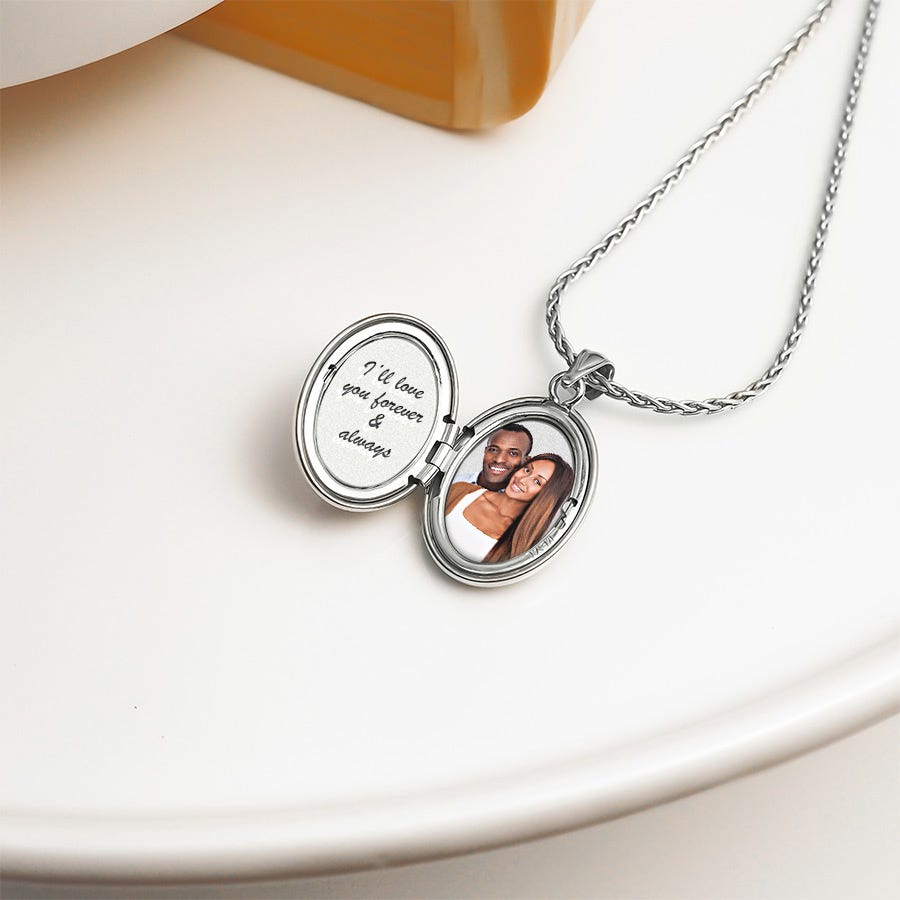 14k White Gold Oval Photo Locket with Diamond