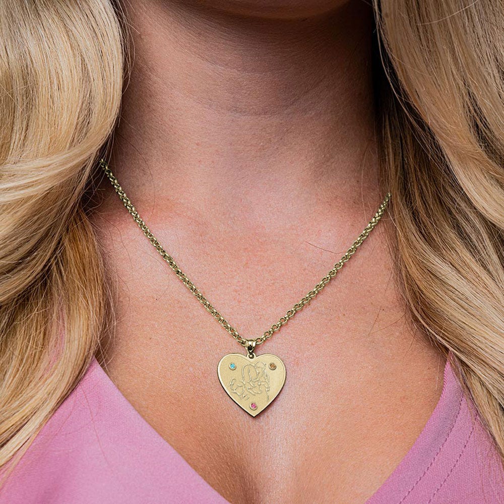 Mother with Son and 2 Daughters Heart Pendant with Birthstones