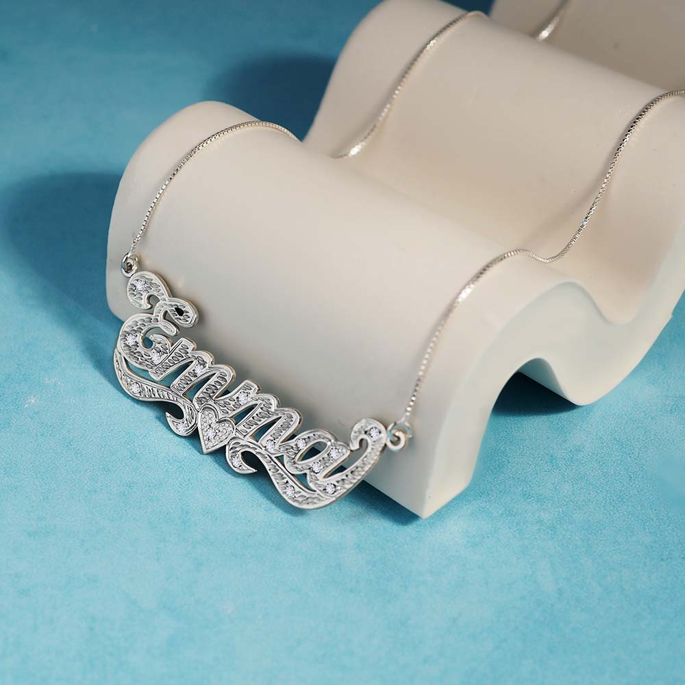 Diamond Cut Script Name Necklace with Cubic Zirconia - Chain Included