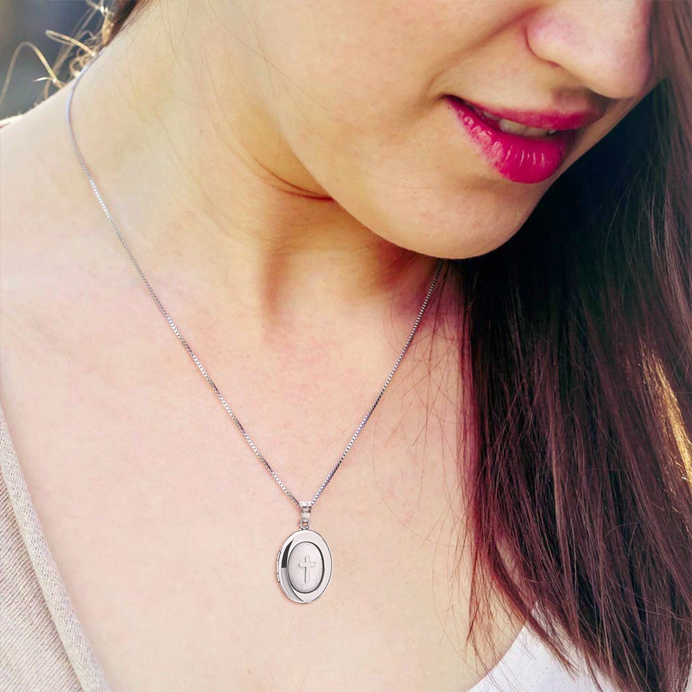 Sterling Silver Mother of Pearl Cross Oval Photo Locket