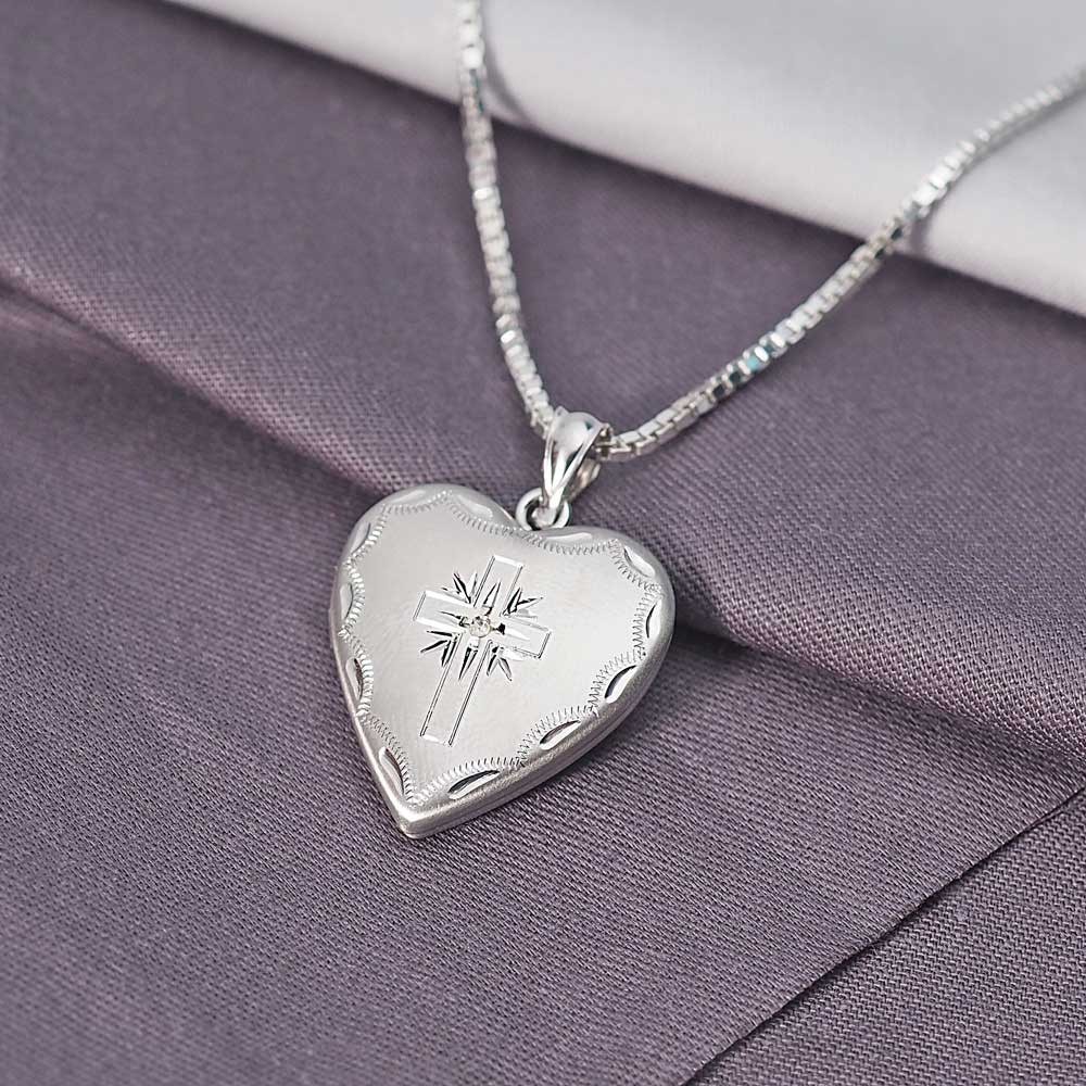 Sterling Silver Cross Heart Photo Locket with CZ
