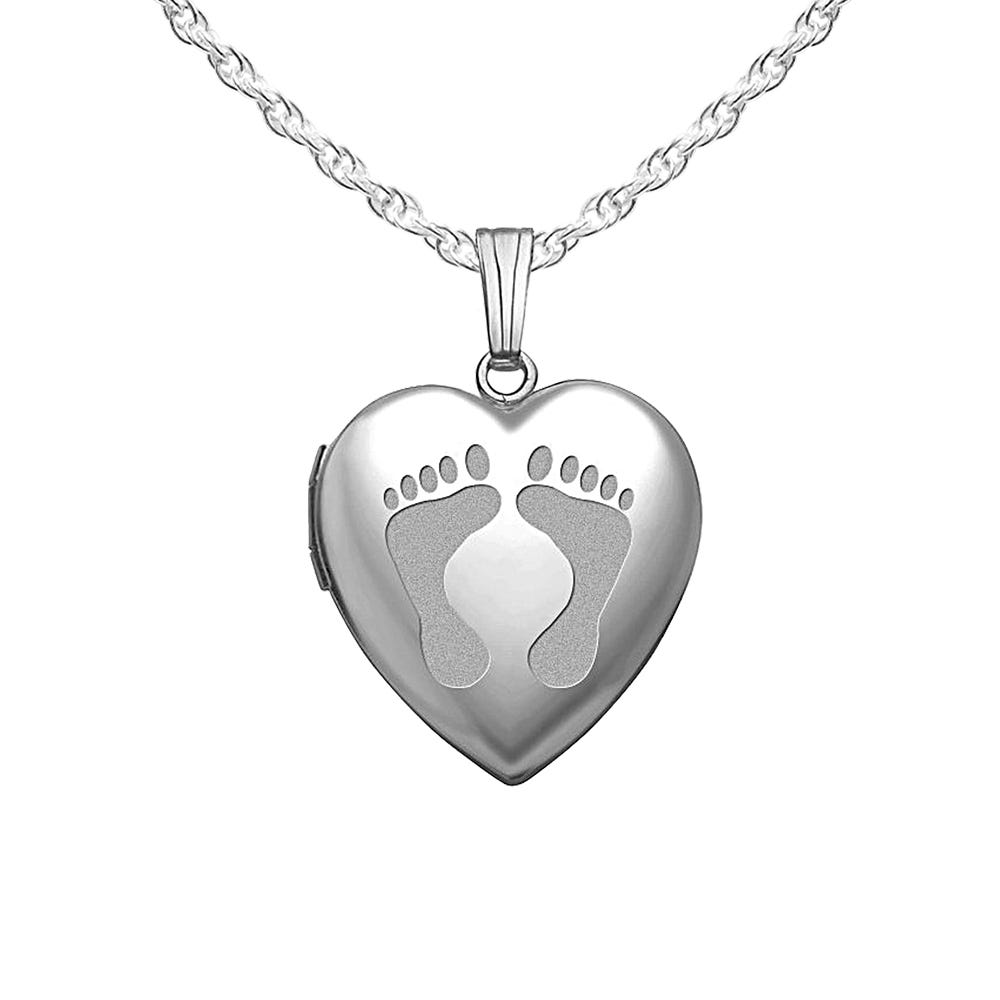 Sterling Silver Baby Footprints Heart Photo Locket