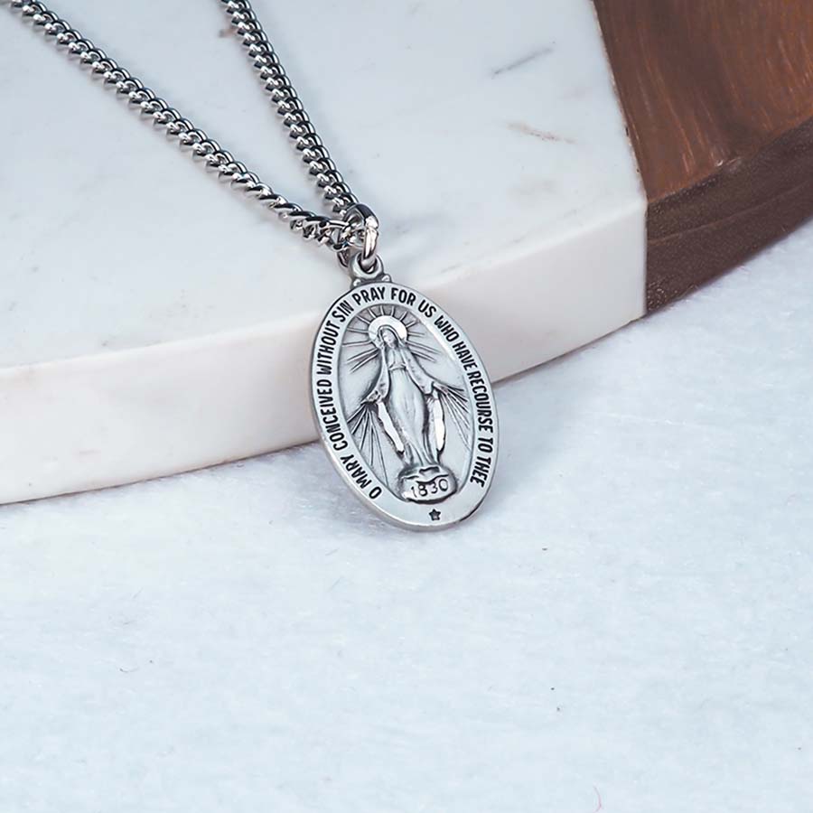 Sterling Silver Antiqued Miraculous Medal Pendant Charm