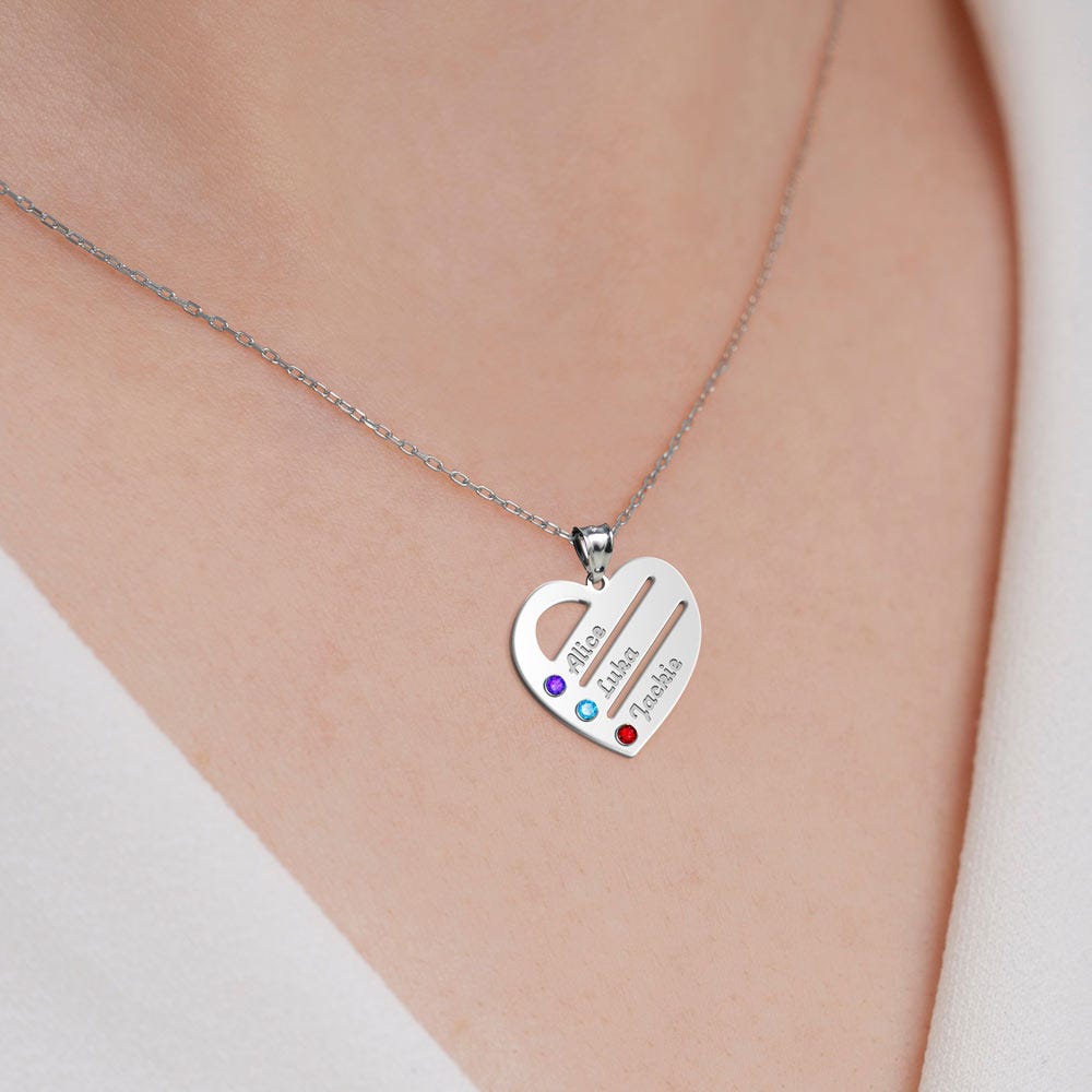 Personalized Heart Family Pendant with 3 Birthstones & Names Includes 18 Inch Chain