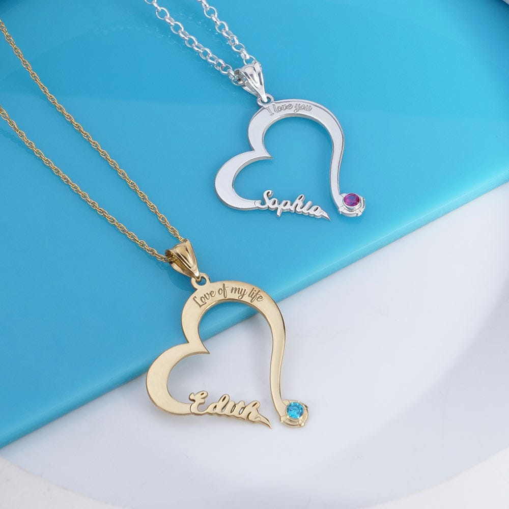 Personalized Heart Shaped Name Necklace with Birthstone and Chain Included