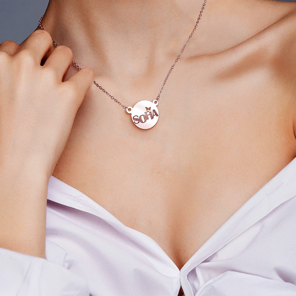Modern Dianty Round Name Pendant w/ Butterfly Cut-Out