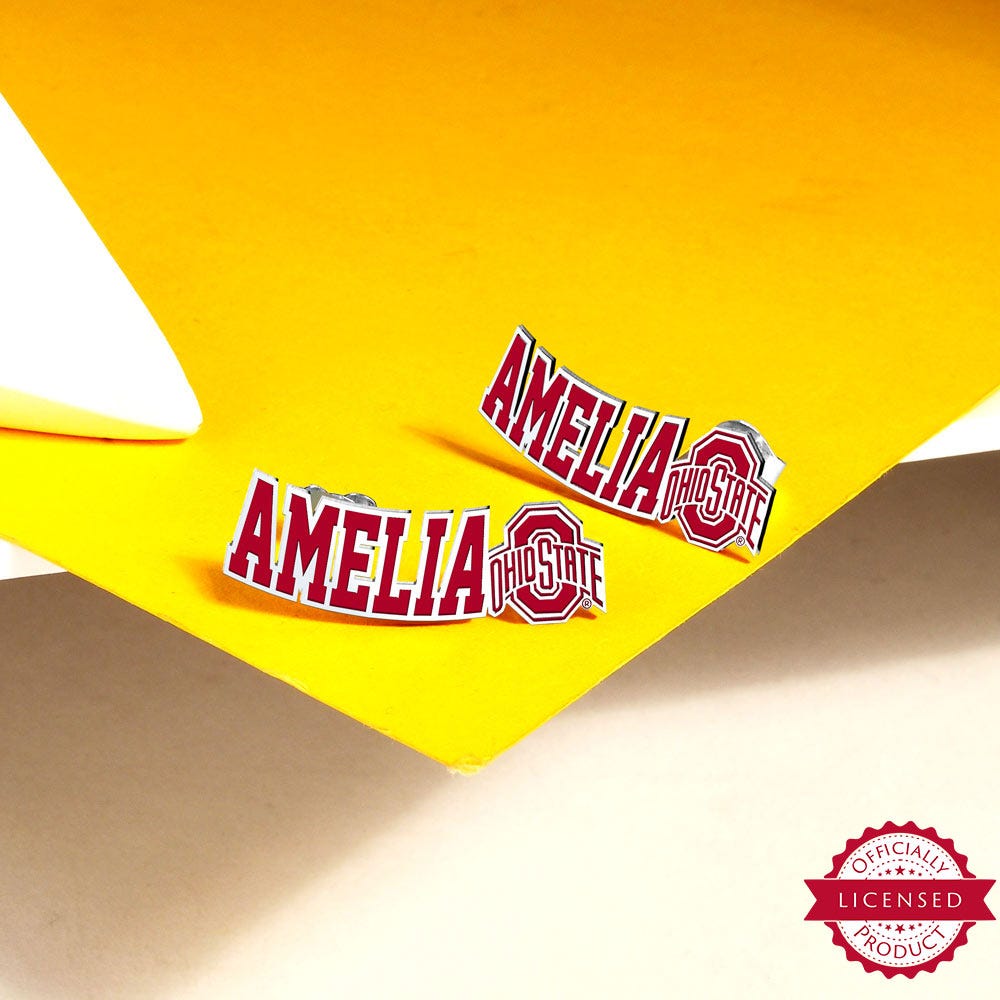 Personalized Pair Of Color Enamel Ohio State Logo with Horizontal Name Earrings