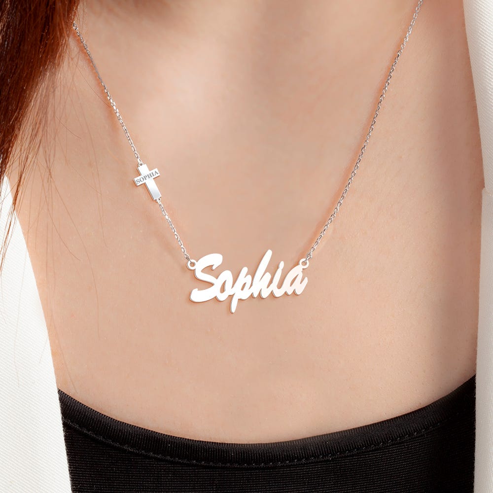 Name Necklace w/ Cross Charm & Name