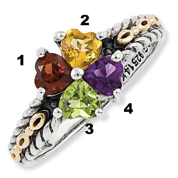 Sterling Silver & 14k Gold Antiqued Mother's Ring w/ Four Heart Stones