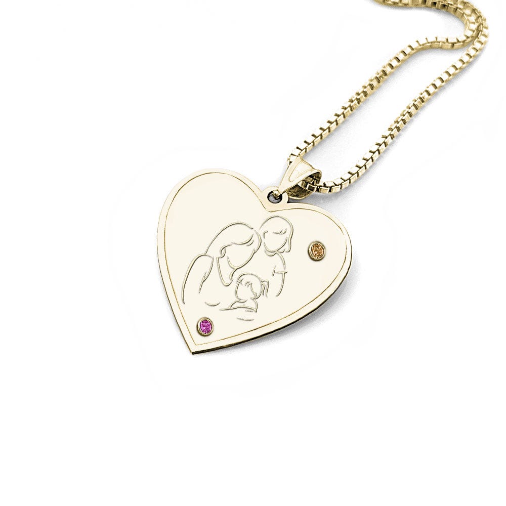 Mother with Two Daughters - Heart Pendant with Birthstones