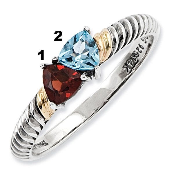 Sterling Silver & 14k Gold Antiqued Mother's Ring w/ Two Trillion Birthstones
