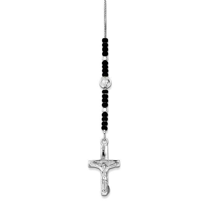Sterling Silver & Black Glass Rosary Bead Necklace /with Black Enameled Saint Christopher Medal