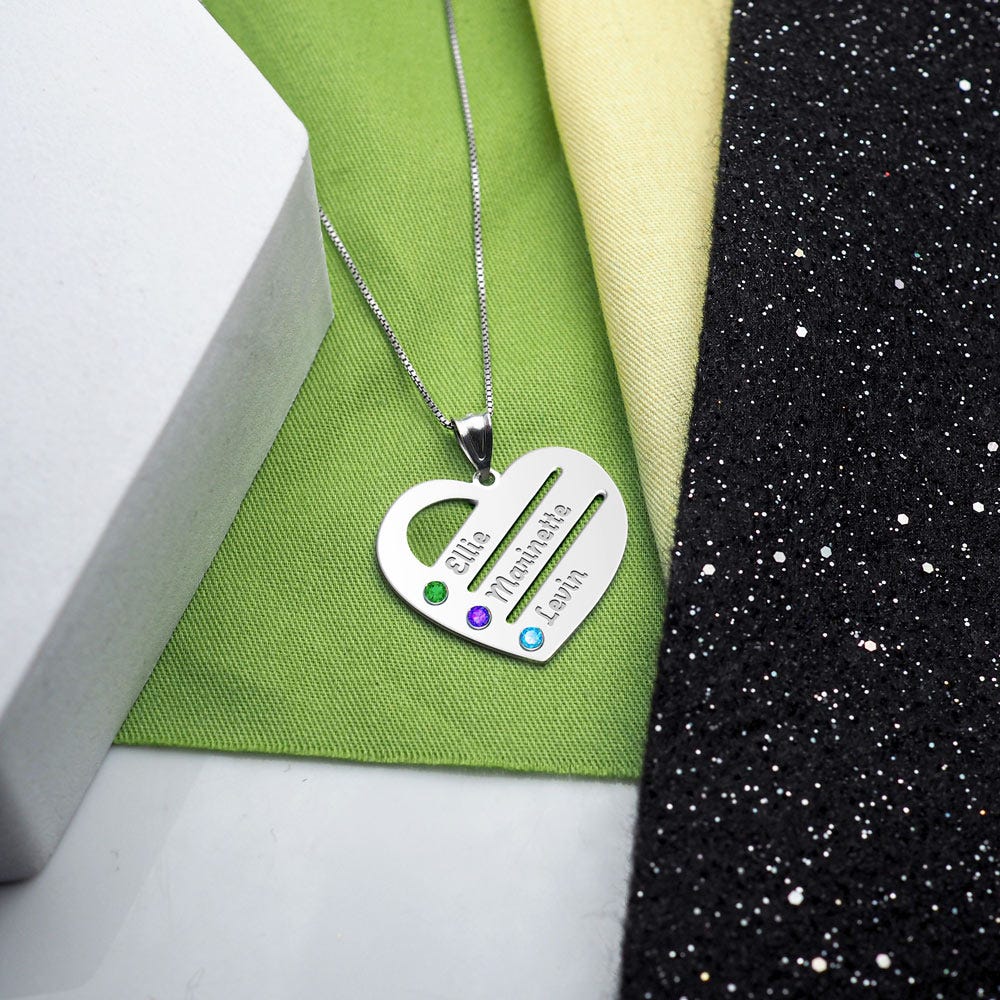 Personalized Heart Family Pendant with 3 Birthstones & Names Includes 18 Inch Chain